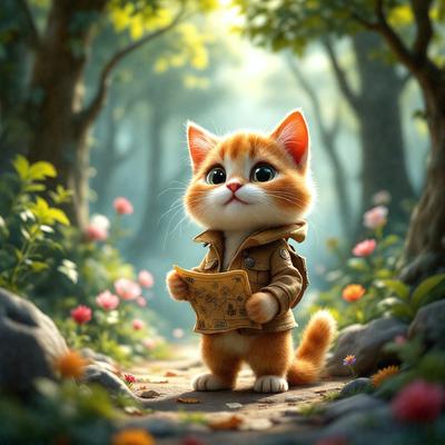 The primary subject of the image is a small, cute, and fluffy orange cat. The cat is holding a piece of paper in its paws and appears to be walking down a path. The setting is a forest, with trees and flowers surrounding the cat. The visual style is a digital art illustration, giving the image a whimsical and charming appearance. The dominant colors are orange and green, creating a warm and inviting atmosphere.